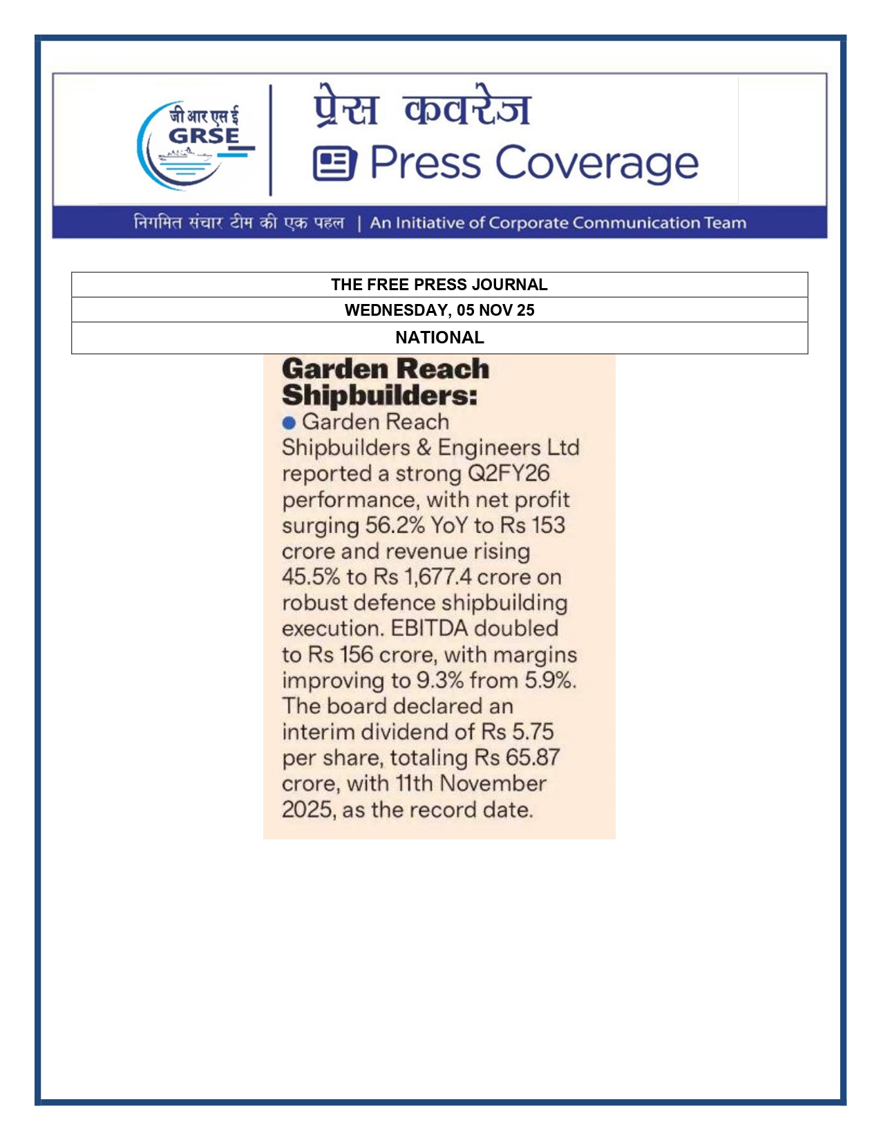   Press Coverage: 05 Nov 25: THE FREE PRESS JOURNAL 